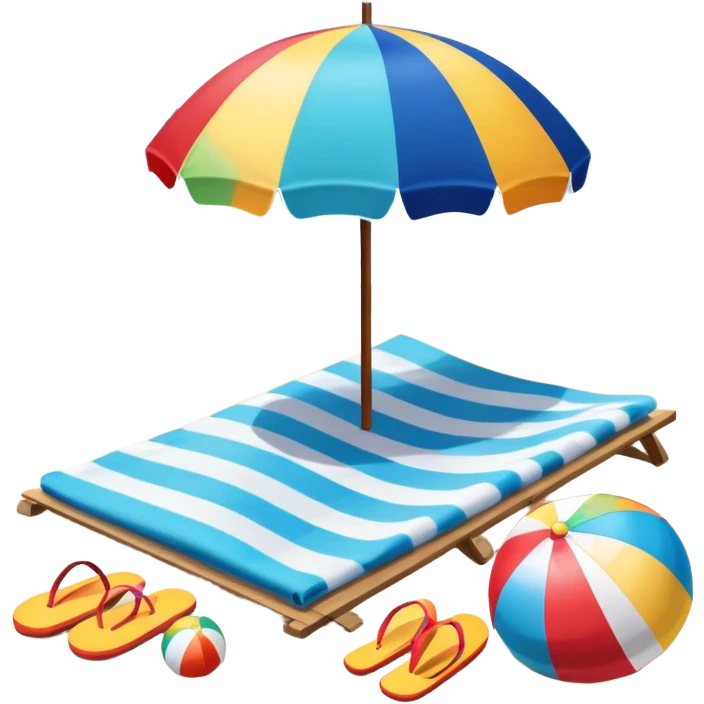 Icon for Beach Tourism: a sandy beach with a beach umbrella, flip-flops, a towel, and a beach ball, with the ocean waves in the background. The icon should capture the relaxation and fun of beach vacations. Transparent background. emoji