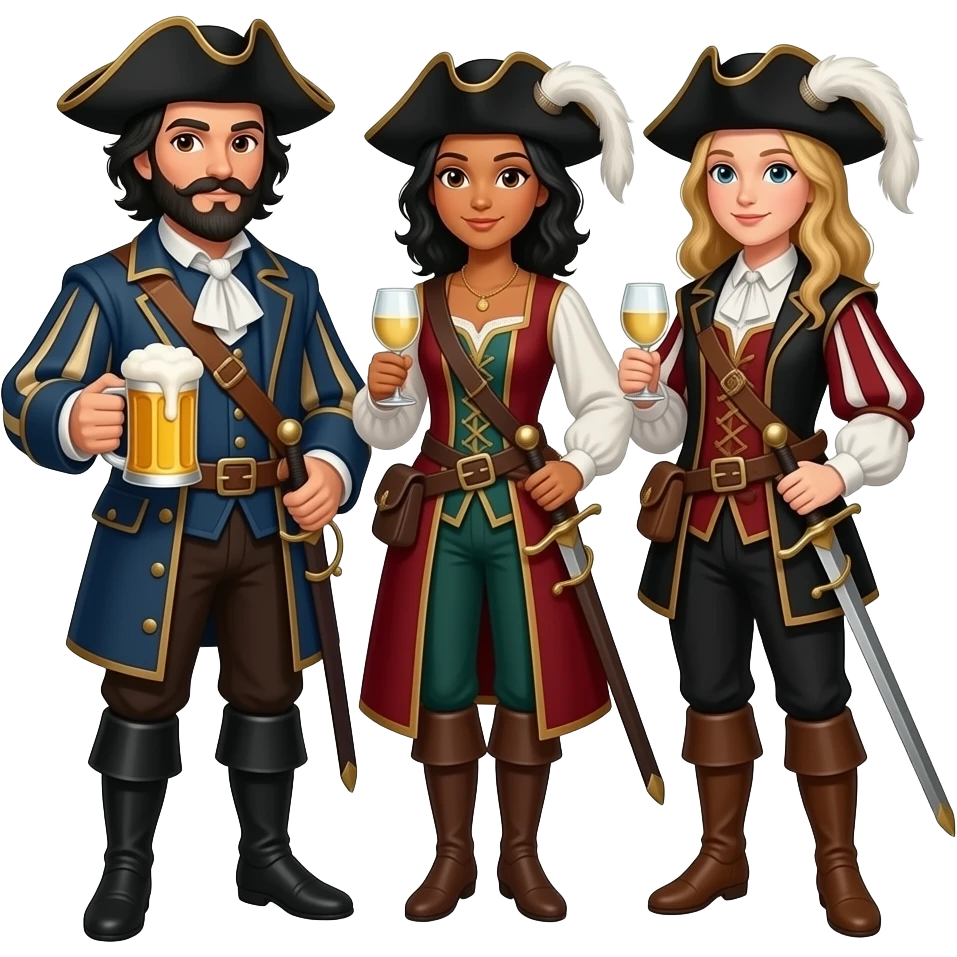 Three musketeers with swords and hats. One guy with black hair, beard and dark brown eyes, one girl with black hair and tanned skin and one girl with blond hair. The guy is drinking beer and the girls white wine. emoji