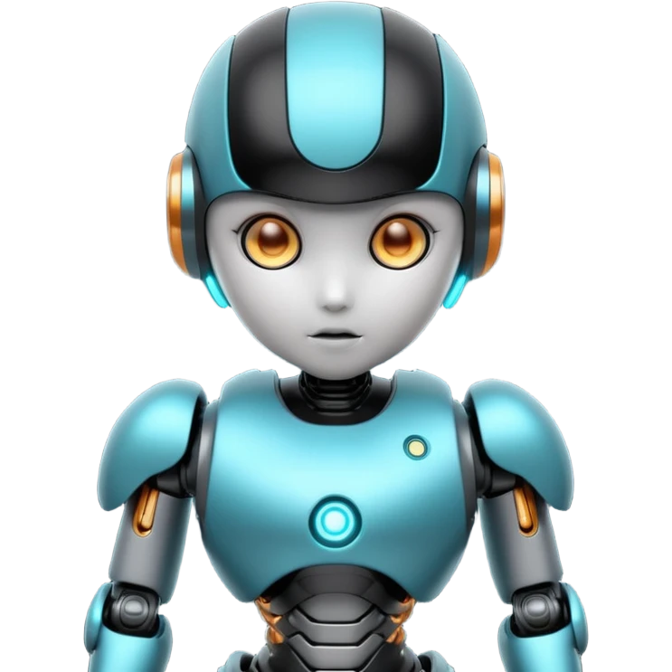Cute futuristic chibi humanoid robot with large rounded head, glossy black and grey metal body, glowing cyan and amber eyes, visible joints, confident pose, white background, high-detail 3D render, LMX text on chest. emoji
