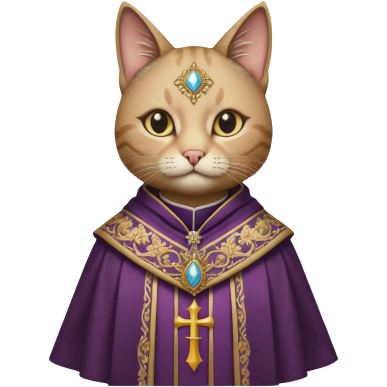 “Half-body humanoid figure with a realistic cat face, wearing ornate bishop robes and a mitre, dark gothic background, dramatic lighting, emoji