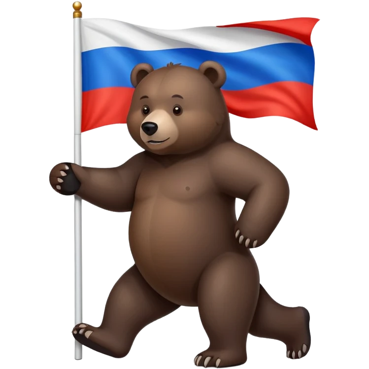 Medium-dark brown bear on four legs with Russian tricolor flag (white, blue, red horizontal stripes) on its back, realistic features emoji