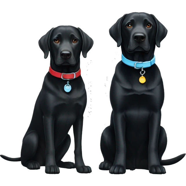 2 dogs, black labradors. one on the left bigger. The dog on left with a red collar. dog on right with light blue collar. emoji