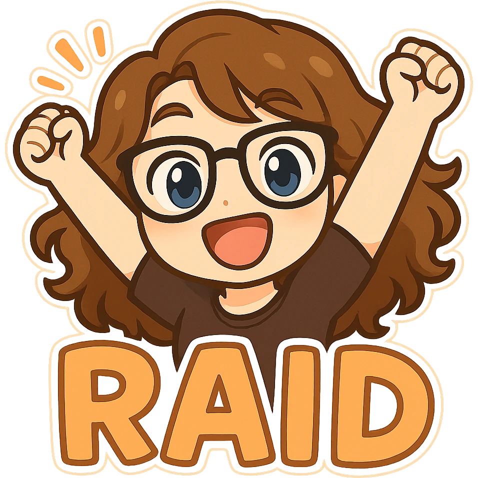 Create a chibi sticker emoji of this person in an energetic pose, with the word 'RAID' in cute, bold lettering matching the chibi style. Use a transparent background. emoji