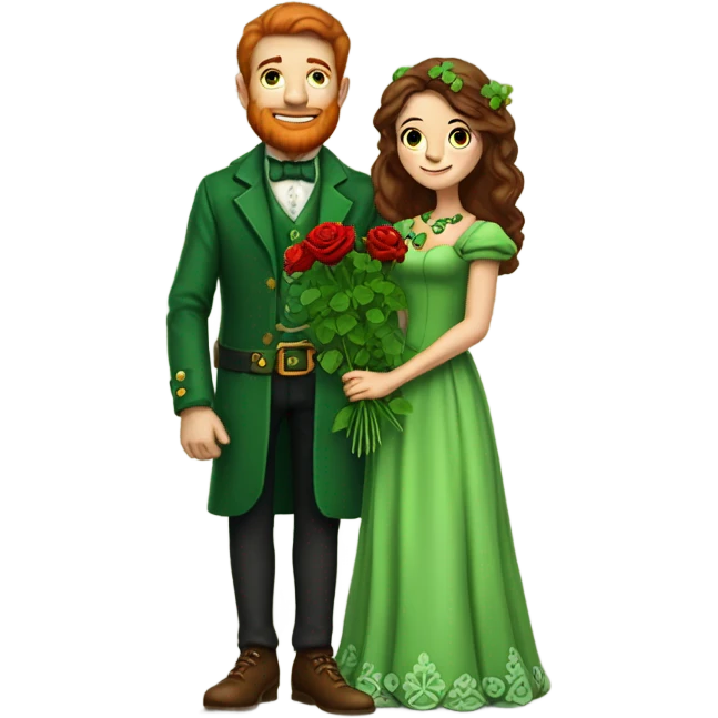 A little leprechaun, giving red roses and clovers, to a very tall brown haired queen emoji
