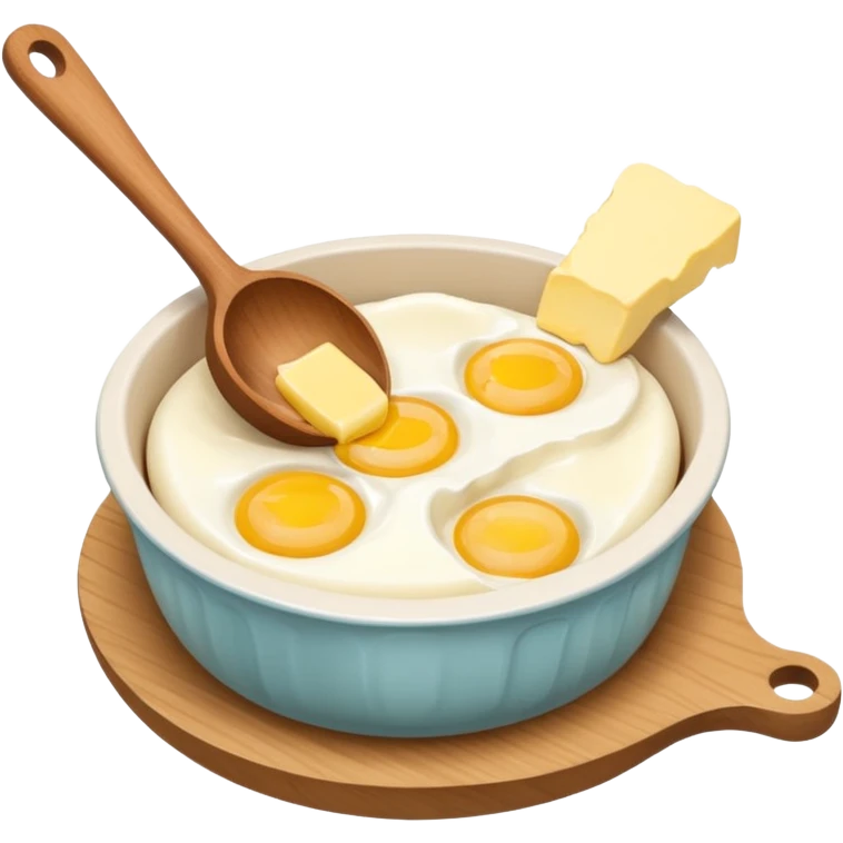 A cream ceramic baking bowl with a wooden spoon in it, a carton of eggs and butter emoji
