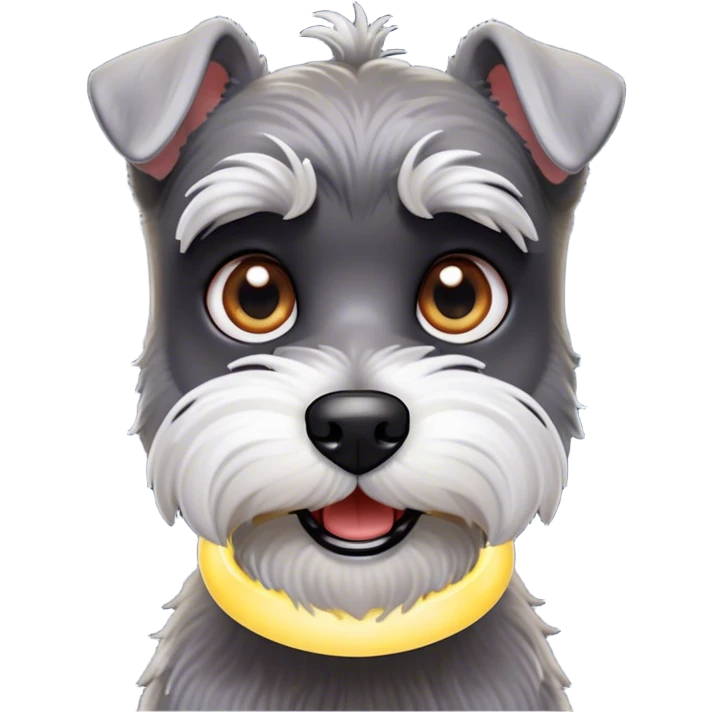 Cinematic Comical Miniature Schnauzer Portrait Emoji, Head tilted dramatically with a comically shocked expression and large, animated eyes, featuring a sharply defined salt-and-pepper fur with exaggerated, humorous eyebrows, simplified yet hilariously detailed, glowing with a bold, playful radiance, high shine, exuding a spirited and cheeky charm, styled with a soft glowing outline, capturing the essence of a Miniature Schnauzer that appears ready to dash into a burst of comic energy! emoji