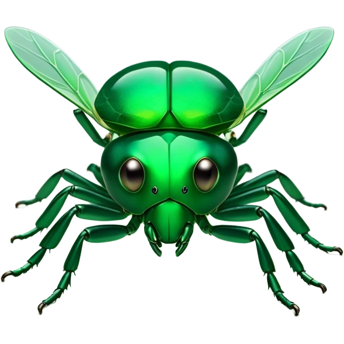 Cinematic Noble Green Bugdie Portrait Emoji, Poised and regal, with a tiny, delicate build and a vibrant, well-detailed emerald exoskeleton, deep-set soulful multifaceted eyes, Simplified yet sharp and sophisticated features, highly detailed, glowing with a soft, dignified glow, high shine, intelligent and alert, stylized with an air of miniature majesty, focused and attentive, soft glowing outline, capturing the essence of a watchful and confident insect, so majestic it feels as though it could scuttle out of the screen with effortless authority! emoji