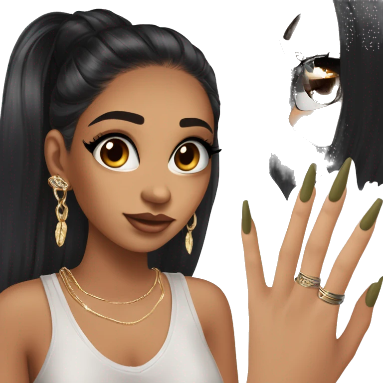 Glamorous, streetwear, black hair, long straight hair, olive skin, brown almond eyes, winged eyeliner with big lashes, wearing hooped earrings, rings and bracelets, almond fake nails emoji