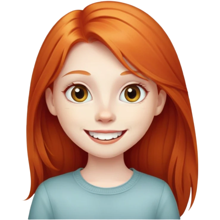traditional simple emoji of young girl with very pale skin, long straight bright ginger red hair, big eyes, big smile with teeth showing, classic round face emoji