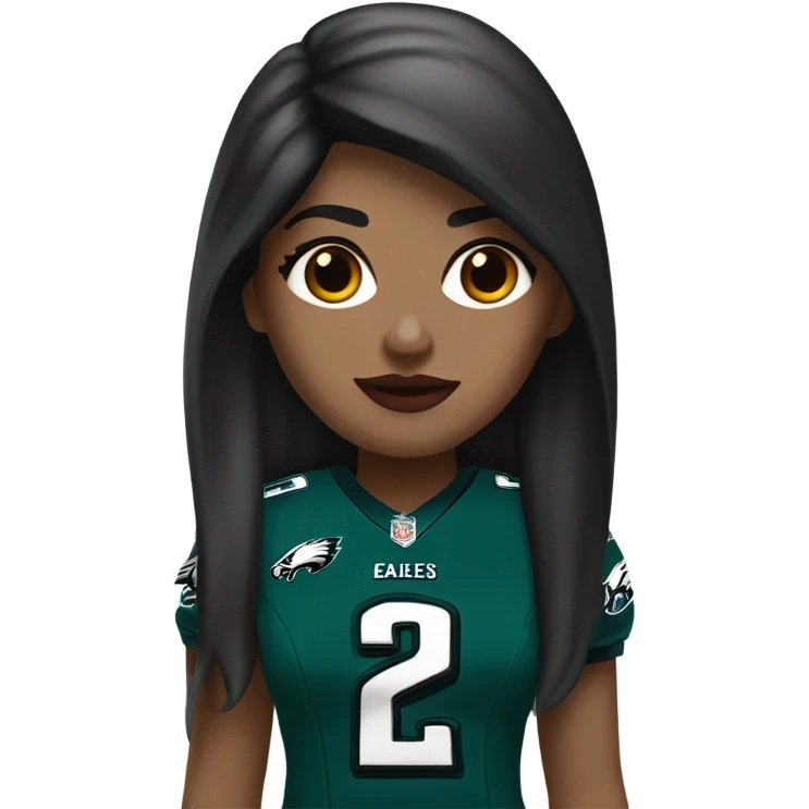 White female long dark hair red lips wearing Philadelphia Eagles jersey emoji