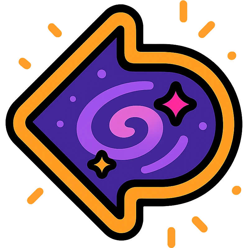símbolo de anterior con galaxia en tonos púrpura y rosa, borde de neón naranja, efecto animado de galaxia y resplandor emoji