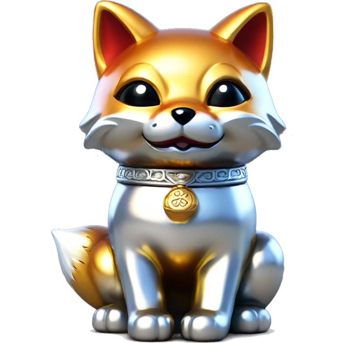 fully chrome fox statue in the form of maneki neko emoji
