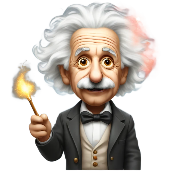 Albert Einstein holds a magic wand in his hand that’s emitting smoke. His eyes are red emoji