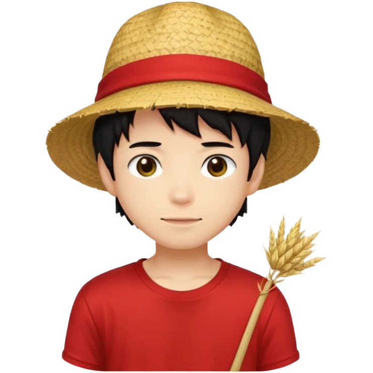 straw hat, black hair, anime style, red t-shirt,boy emoji