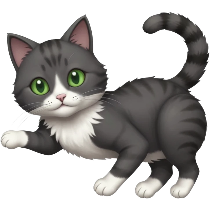 solid dark grey cat with green eyes, white toes/paws and white patch on her chest playfully rolling upside down emoji