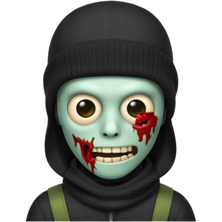 Zombie Emoji AppleIOS Style, Black Hair, SkiMask on Sideways Head, and Black shirt emoji