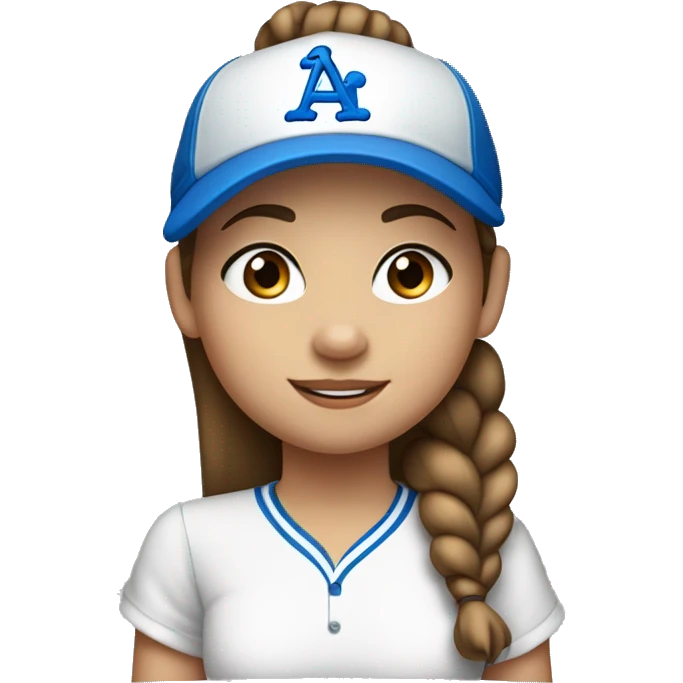 9 year old girl brown hair in a pony tail blue eyes and shirt and baseball hat and silver earring emoji