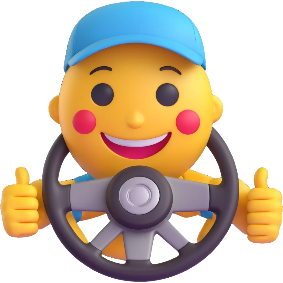 3D smiley emoji, round shape, bus driver: wearing cap, holding steering wheel, funny face emoji