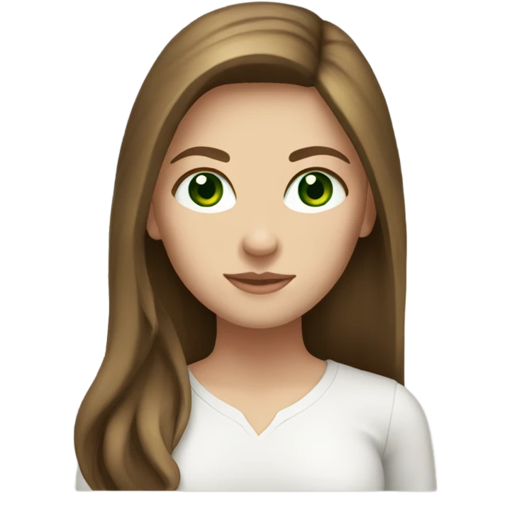 white girl. long brown hair. dark green eyes. white shirt. emoji