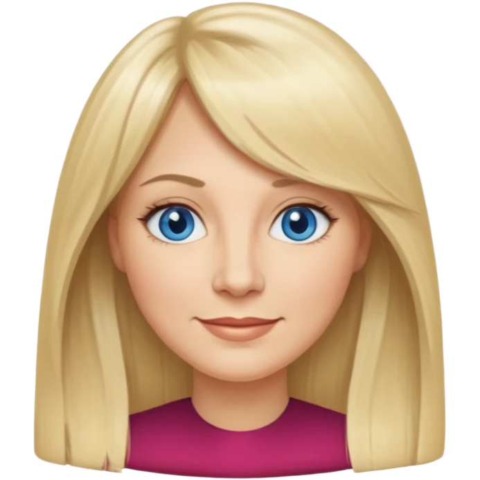 40 yr old white woman, curtain bangs, long straight blond hair, oval face, small smile, blue eyes emoji