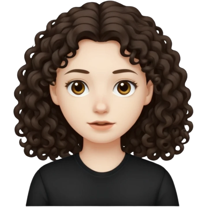 Pale skin, long curly dark brown hair, medium brown eyes. emoji