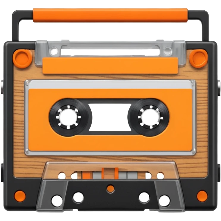 3D render of Cassette Tape, vintage 1980s audio equipment aesthetic, tactile analog buttons, transparent clear plastic with orange ribbon reels inside, mixed wood grain and brushed aluminum textures, Apple emoji style, isolated on white background --v 6.0 emoji