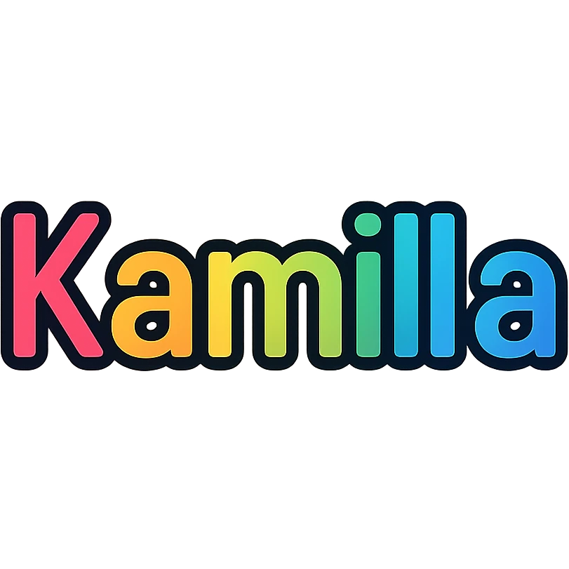 Kamilla name in colorful gradient modern font with dark outline, transparent background, in the style of sample images emoji