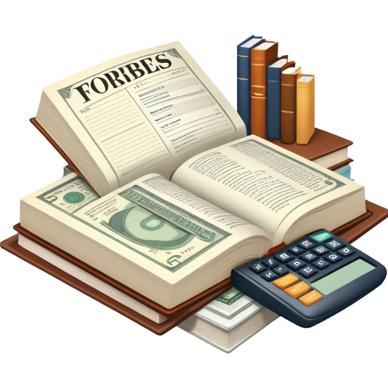 Icon for Business Reading: an open book with graphs, numbers, percentages, formulas, and text on the pages, next to a stack of books, a pile of dollars, a calculator and business magazines like Forbes. Transparent background. emoji