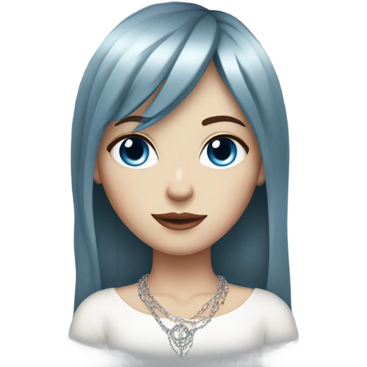 woman with pale skin, blue eyes and long dark red hair with layers and fringe bangs, wearing a white top and silver jewellery emoji