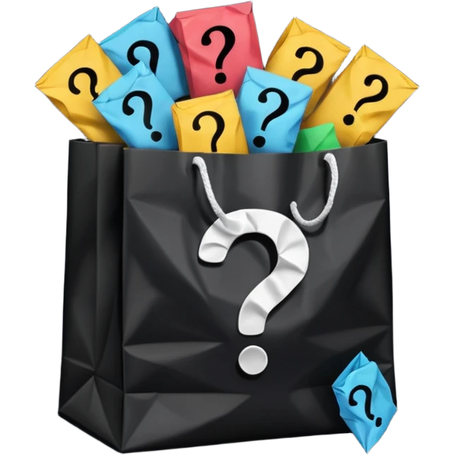 black goodiebag with questions mark boxes stuffed in it emoji