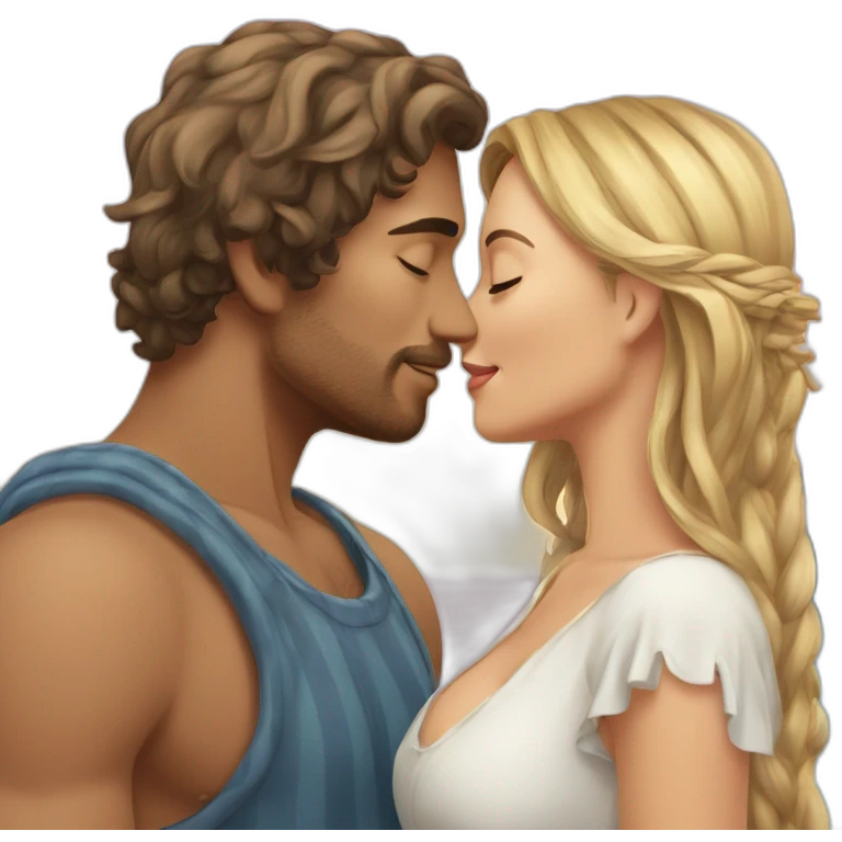 with beach clothes young metis man and white woman kiss love emoji