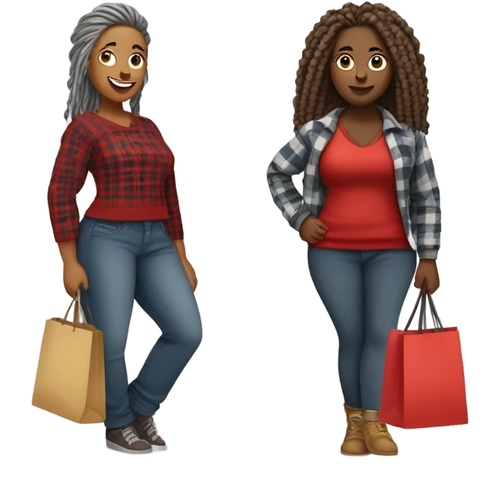 A very Curvy woman with gray locs in pants with shopping bag.  The other very curvy woman is brown with red locs in a skirt with plaid sweater shopping at yard sale emoji