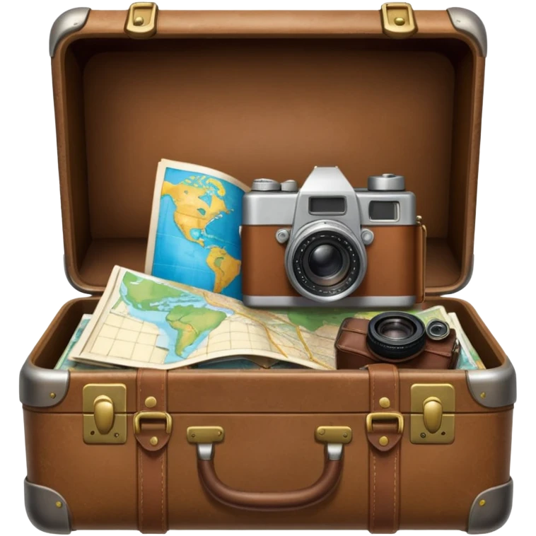 An open traveler's suitcase, from which a map, camera, and phrasebook peek out. emoji
