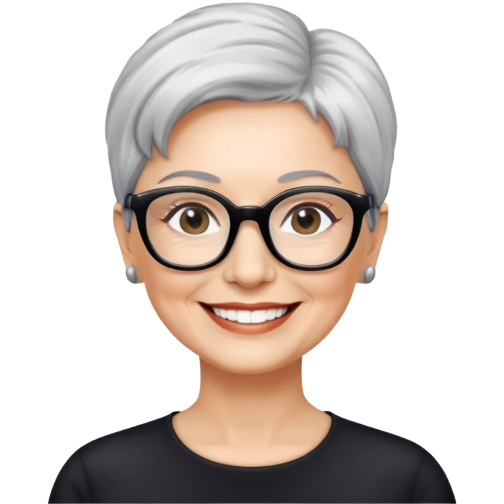 Nữ 60 tuổi, da trắng, tóc ngắn màu bạc, đeo kính màu đen, mặt cười tươi emoji