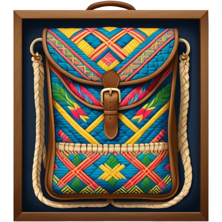 Cinematic Realistic image of a traditional Colombian mochila, rendered with detailed woven textures and vibrant patterns, set against a rustic backdrop with soft, cultural lighting emoji