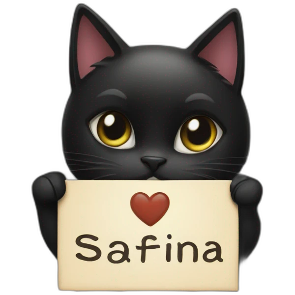 Black cat holding a sign with the inscription “Safina” emoji