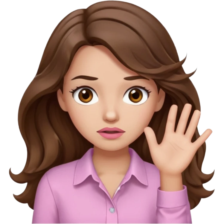 girl with wavy long brown hair, brown eyes, light to medium complexion, long lashes, light pink lipstick, wearing light pink shirt, shrugging emoji