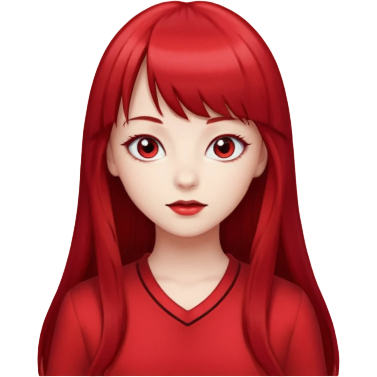 beautiful girl with red velvet long hair and straight bangs, red eyes and red clothes emoji