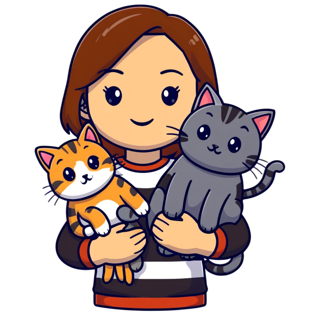 Tan brown-haired girl holding three cats, one black cat, one grey cat, and one grey-striped cat emoji