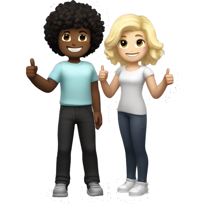 A black, curly dark-haired Roblox girl and a white-skinned, blonde-haired Roblox boy standing together. Both of them giving a thumbs up and smiling emoji