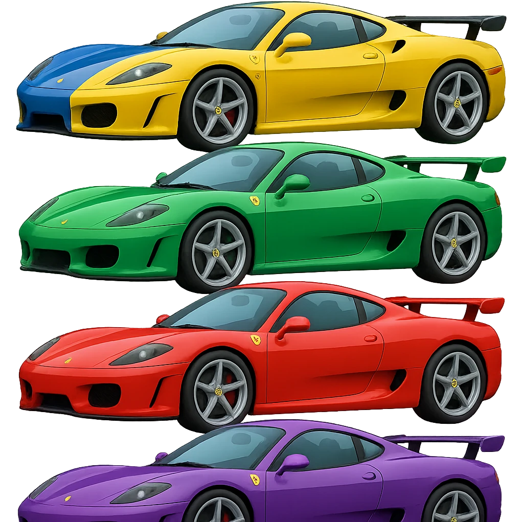 Add one more similar sport car to this image, so there are a total of four cars, detailed and stylized in 3D emoji style. Keep the 3D emoji style look and feel, no background. emoji