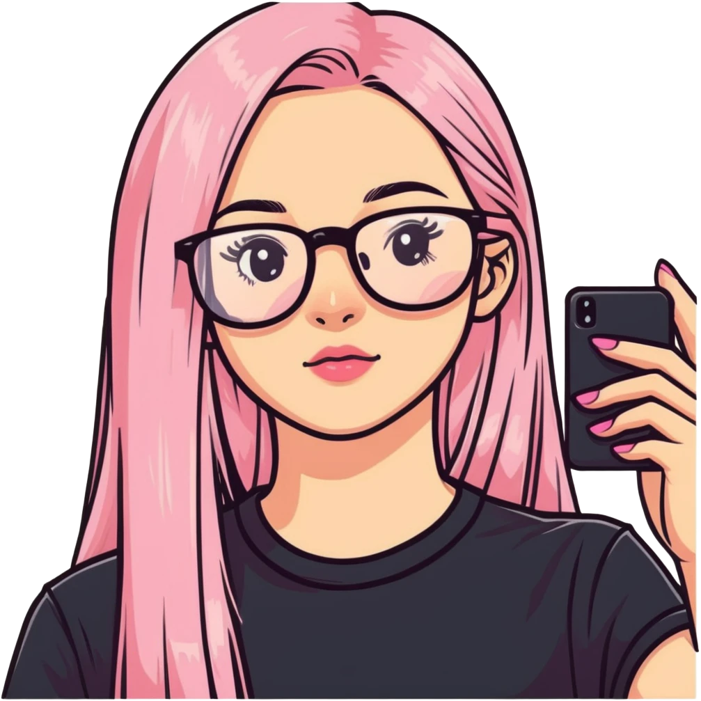 Teenage girl taking a selfie in a school bathroom. Long straight blonde hair with pink dye, rectangular glasses, black shirt, neutral expression with slightly glossy lips emoji