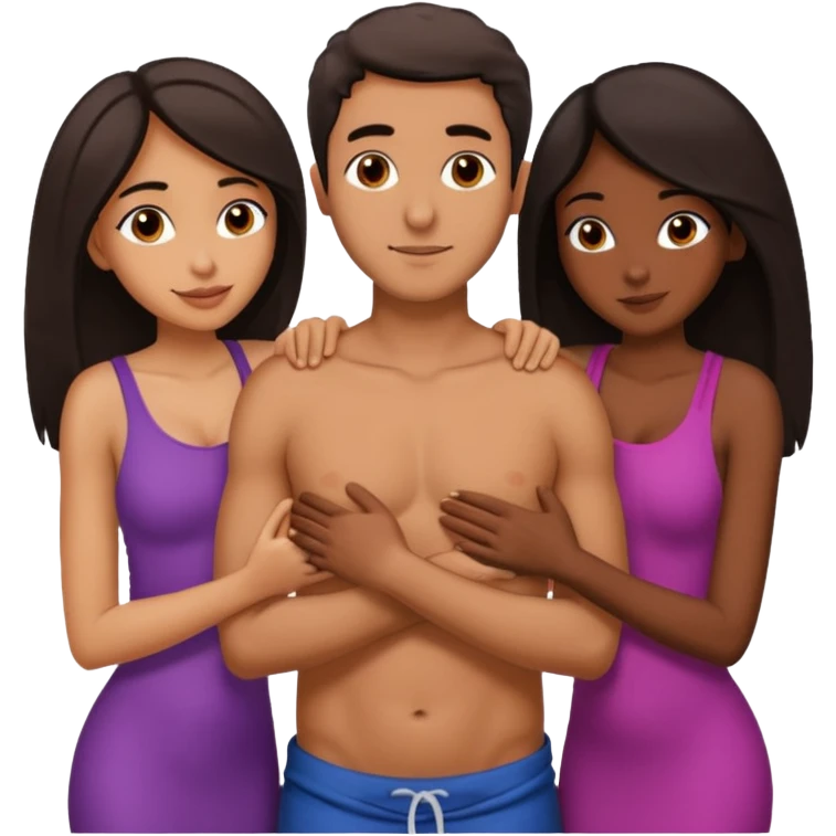 middle Eastern man with two African girlfriends he is 5 inches taller than them. They are rubbing his chest and holding each other breasts and he has his arms wrapped around them around their waist on their butts. emoji