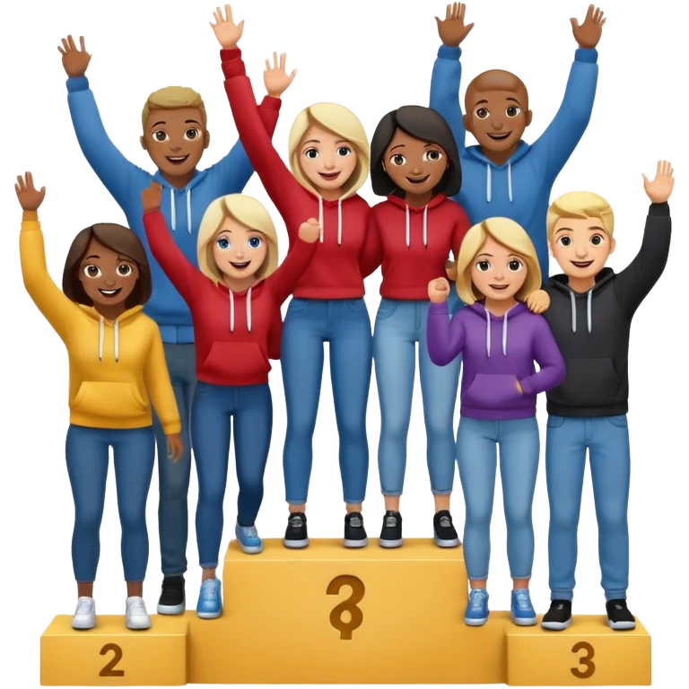 multi-racial group on a winners’ podium, middle step higher, all in jeans and hoodies, excited, fun, expressive emoji style emoji