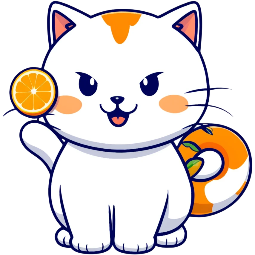 Cartoon orange cat eating an orange fruit that has a cat face on it emoji