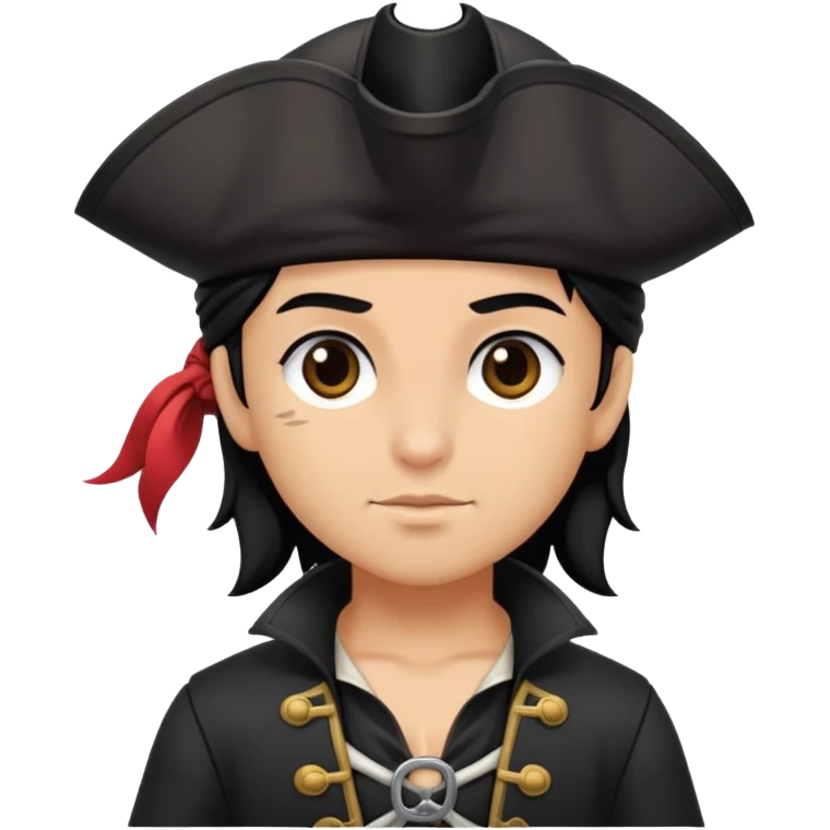 Cute adult pirate in all black clothes and with black hair and with brown eyes  emoji