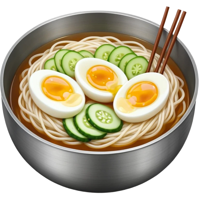 Korean cold noodles (naengmyeon) in a metal bowl, with thin noodles, cold broth, cucumber, and a half boiled egg on top, iPhone emoji style emoji