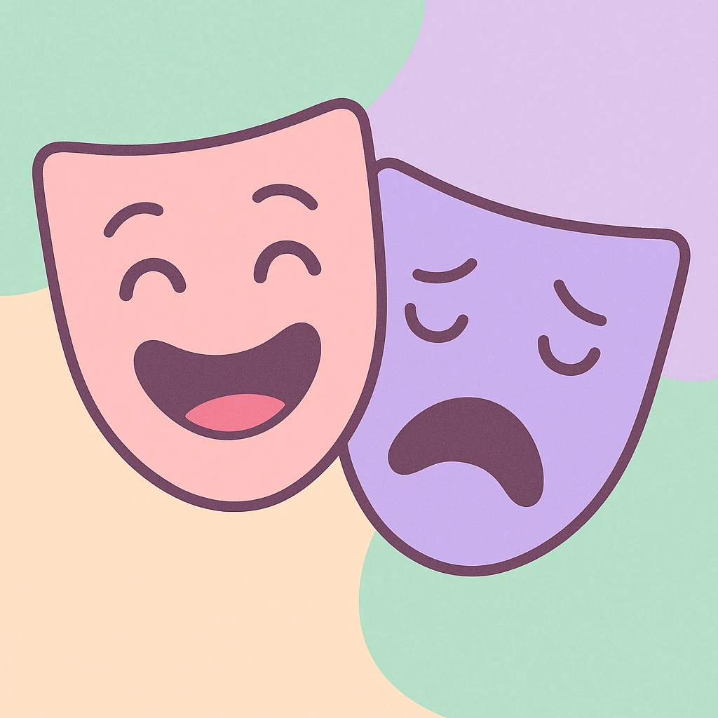 theatre mask icons comedy and tragedy in pastel pink lavender and mint, soft and friendly, modern illustration style emoji
