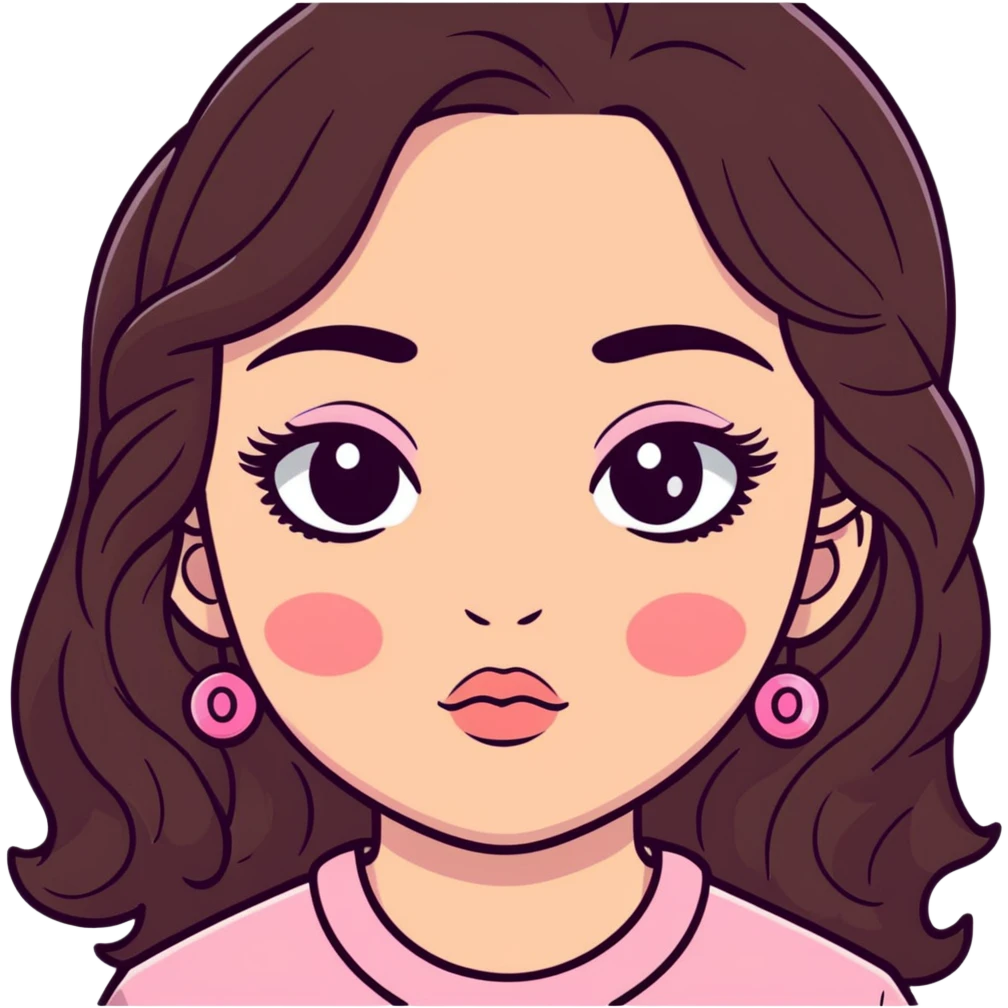 girl with light wheatish skin, dark brown long wavy hair, pouty shiny lips with berry lip gloss, large eyes with eyelashes, pink blush on cheeks, inner eye highlighted with white eyeliner, button nose emoji