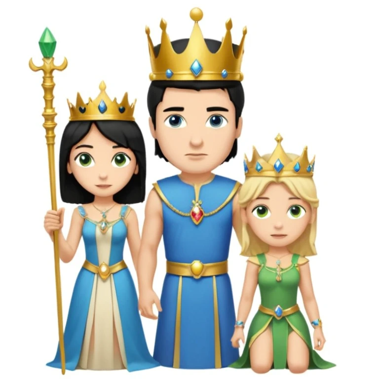 Man as king, standing, black Hair, blue eyes, female Servoamt, blonde, green eyes, shott white sleveless Dress, kneeling, background palace emoji